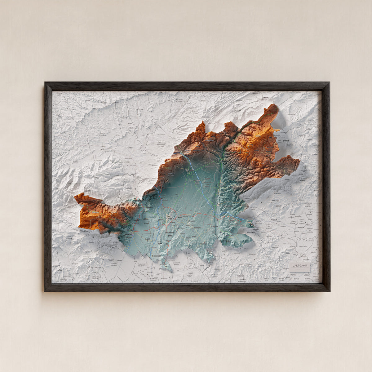 Mapa de relleu de l’Alt Camp, amb el territori en color i l’entorn en blanc. Presentació amb marc. 50 × 70 cm. Estil Blau i taronja.