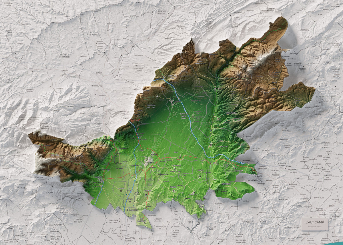 Mapa de relleu de l’Alt Camp, amb el territori en color i l’entorn en blanc. Vista completa de la làmina. 50 × 70 cm. Estil Clàssic.