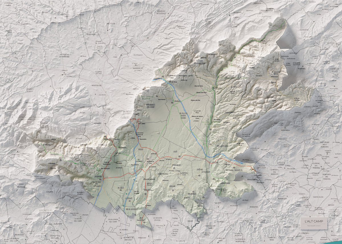 Mapa de relleu de l’Alt Camp, amb el territori en color i l’entorn en blanc. Vista completa de la làmina. 50 × 70 cm. Estil Cartogràfic.