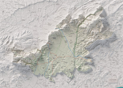 Mapa de relleu de l’Alt Camp, amb el territori en color i l’entorn en blanc. Vista completa de la làmina. 50 × 70 cm. Estil Cartogràfic.
