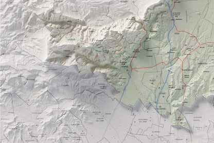 Mapa de relleu de l’Alt Camp, amb el territori en color i l’entorn en blanc. Detall de la part inferior esquerra. 61 × 91 cm. Estil Cartogràfic.
