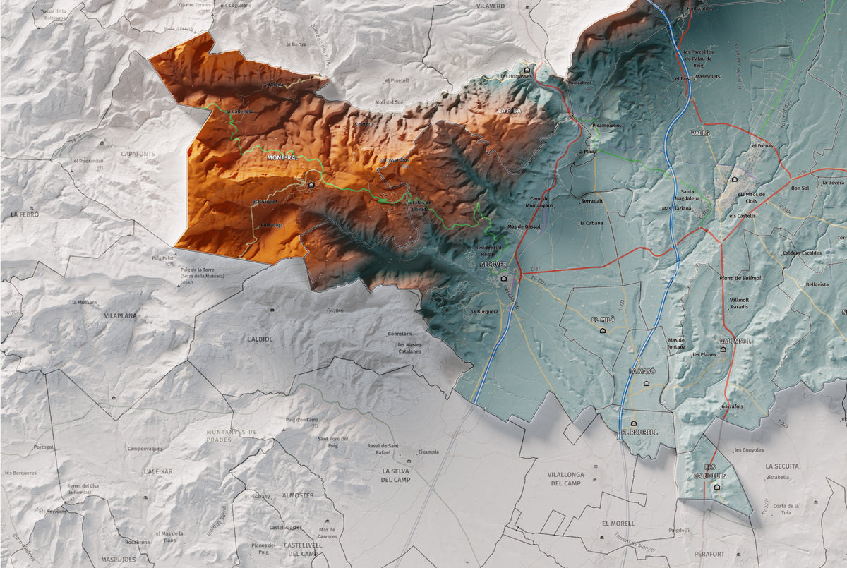 Mapa de relleu de l’Alt Camp, amb el territori en color i l’entorn en blanc. Detall de la part inferior esquerra. 61 × 91 cm. Estil Blau i taronja.