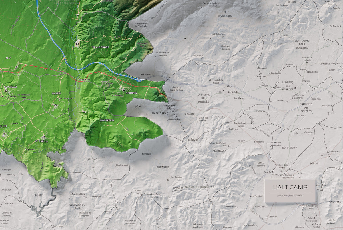 Mapa de relleu de l’Alt Camp, amb el territori en color i l’entorn en blanc. Detall de la part inferior dreta. 61 × 91 cm. Estil Clàssic.