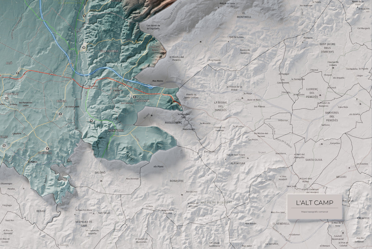 Mapa de relleu de l’Alt Camp, amb el territori en color i l’entorn en blanc. Detall de la part inferior dreta. 61 × 91 cm. Estil Blau i taronja.