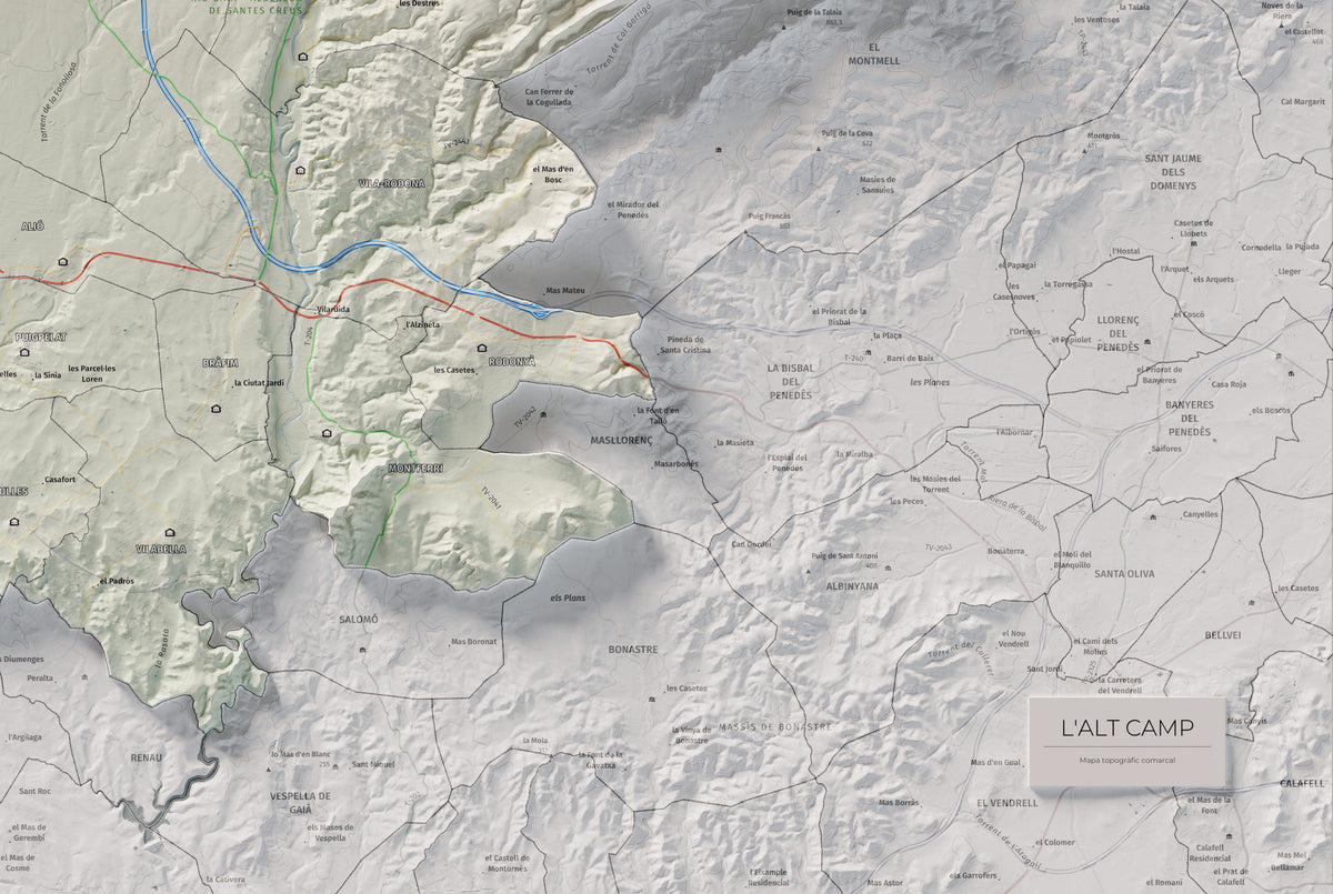 Mapa de relleu de l’Alt Camp, amb el territori en color i l’entorn en blanc. Detall de la part inferior dreta. 61 × 91 cm. Estil Cartogràfic.