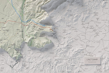 Mapa de relleu de l’Alt Camp, amb el territori en color i l’entorn en blanc. Detall de la part inferior dreta. 61 × 91 cm. Estil Cartogràfic.