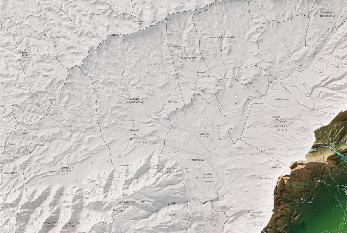 Mapa de relleu de l’Alt Camp, amb el territori en color i l’entorn en blanc. Detall de la part superior esquerra. 61 × 91 cm. Estil Clàssic.