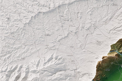 Mapa de relleu de l’Alt Camp, amb el territori en color i l’entorn en blanc. Detall de la part superior esquerra. 61 × 91 cm. Estil Clàssic.