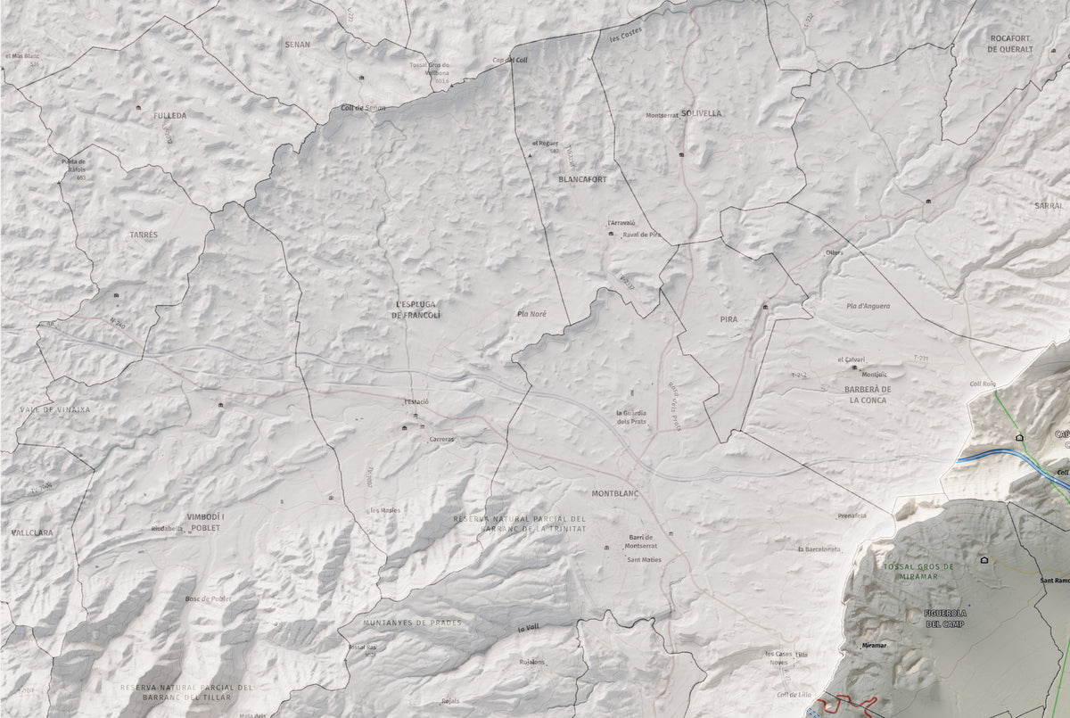 Mapa de relleu de l’Alt Camp, amb el territori en color i l’entorn en blanc. Detall de la part superior esquerra. 61 × 91 cm. Estil Cartogràfic.