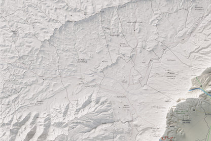 Mapa de relleu de l’Alt Camp, amb el territori en color i l’entorn en blanc. Detall de la part superior esquerra. 61 × 91 cm. Estil Cartogràfic.