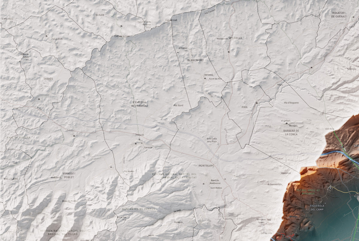 Mapa de relleu de l’Alt Camp, amb el territori en color i l’entorn en blanc. Detall de la part superior esquerra. 61 × 91 cm. Estil Blau i taronja.