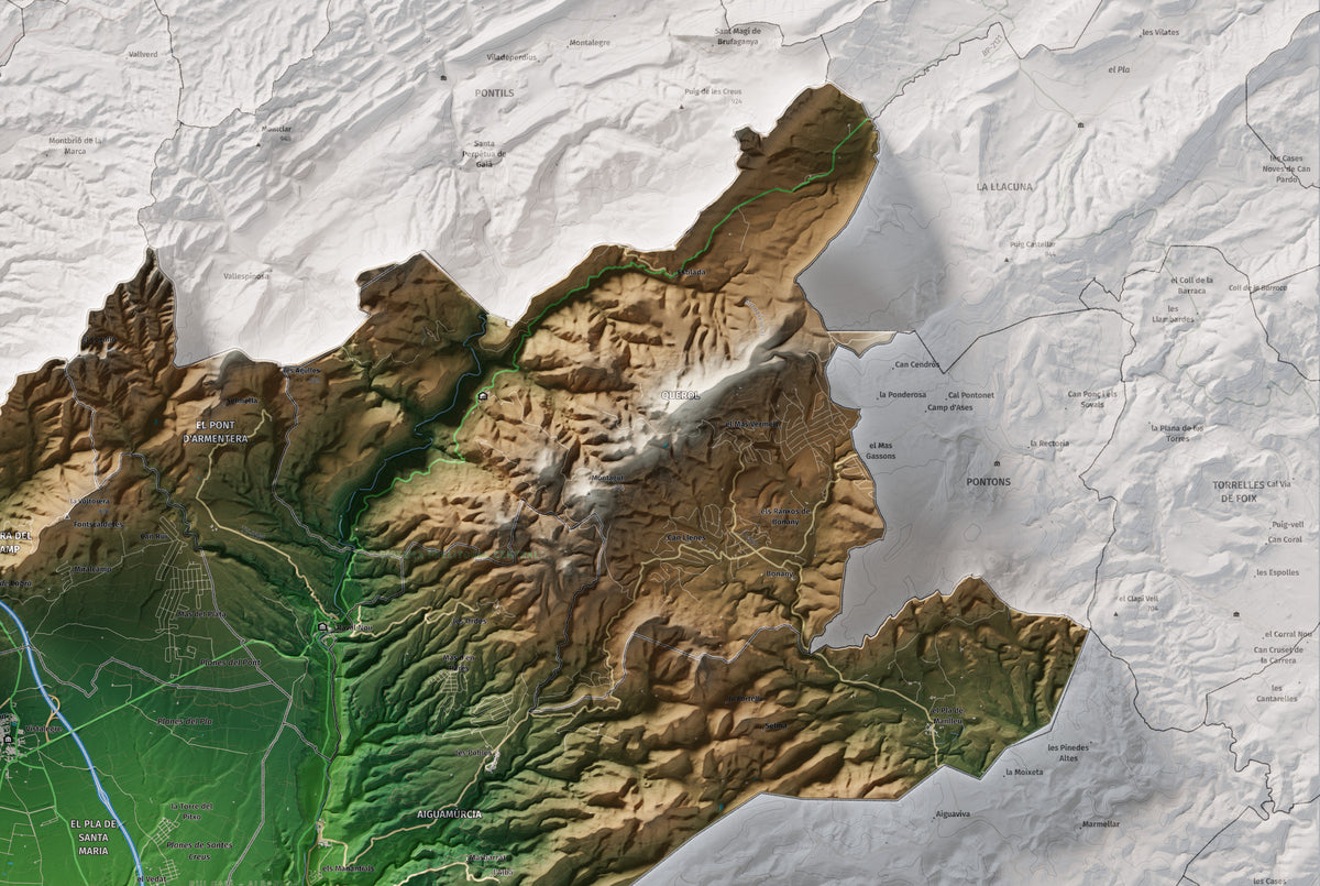 Mapa de relleu de l’Alt Camp, amb el territori en color i l’entorn en blanc. Detall de la part superior dreta. 61 × 91 cm. Estil Clàssic.