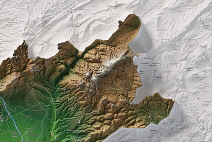 Mapa de relleu de l’Alt Camp, amb el territori en color i l’entorn en blanc. Detall de la part superior dreta. 61 × 91 cm. Estil Clàssic.