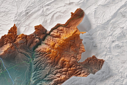 Mapa de relleu de l’Alt Camp, amb el territori en color i l’entorn en blanc. Detall de la part superior dreta. 61 × 91 cm. Estil Blau i taronja.