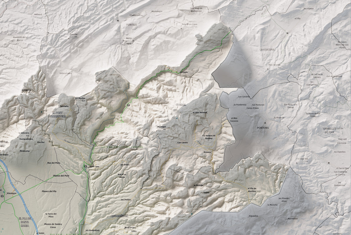 Mapa de relleu de l’Alt Camp, amb el territori en color i l’entorn en blanc. Detall de la part superior dreta. 61 × 91 cm. Estil Cartogràfic.