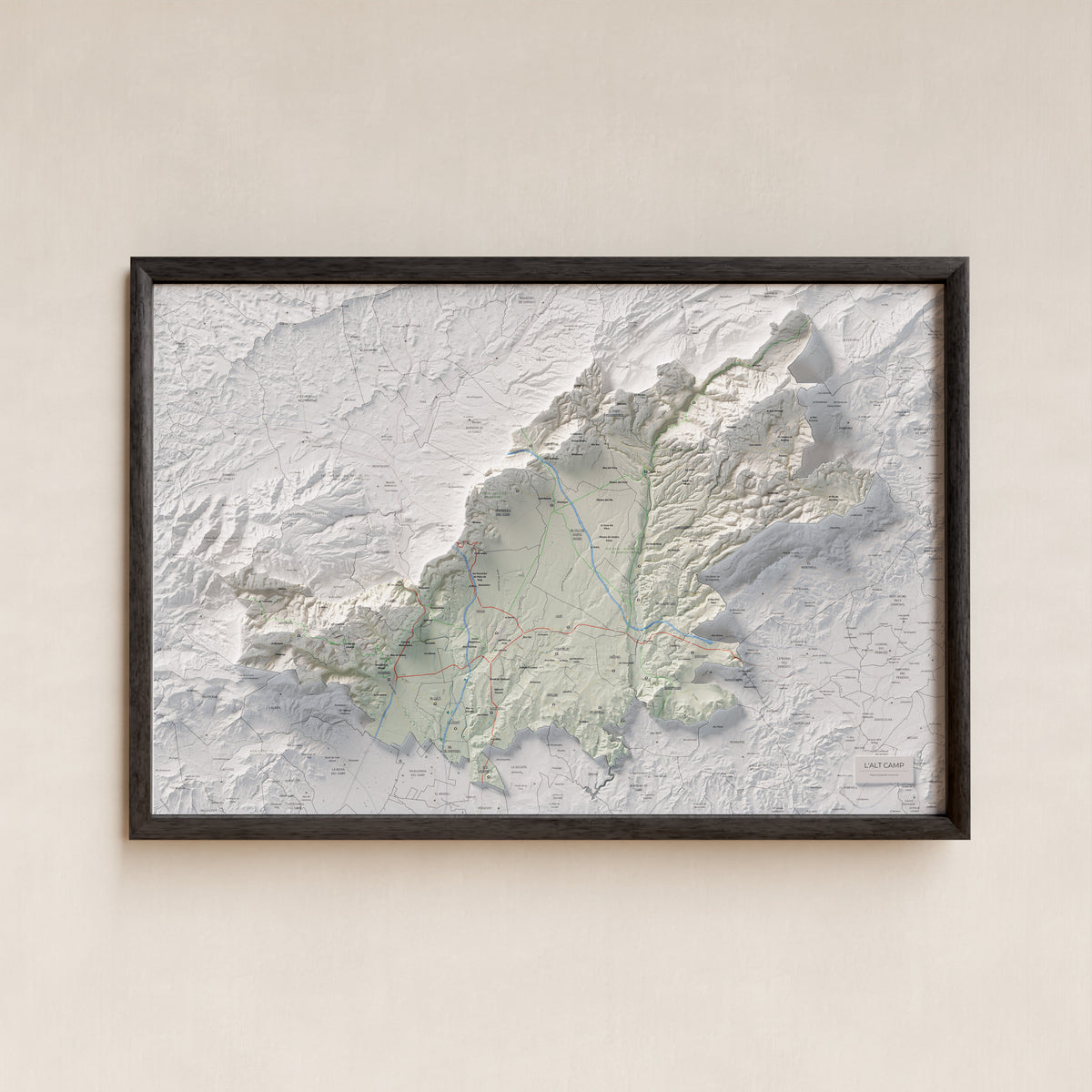 Mapa de relleu de l’Alt Camp, amb el territori en color i l’entorn en blanc. Presentació amb marc. 61 × 91 cm. Estil Cartogràfic.