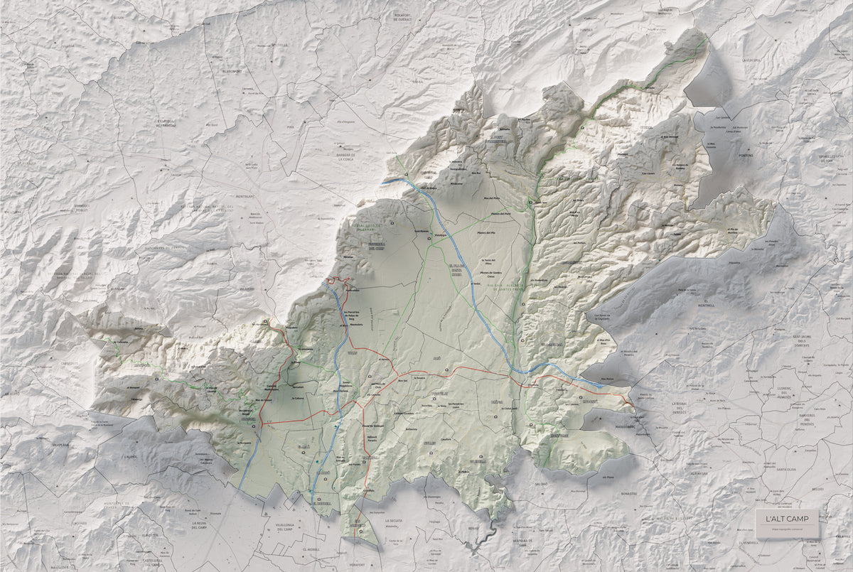 Mapa de relleu de l’Alt Camp, amb el territori en color i l’entorn en blanc. Vista completa de la làmina. 61 × 91 cm. Estil Cartogràfic.