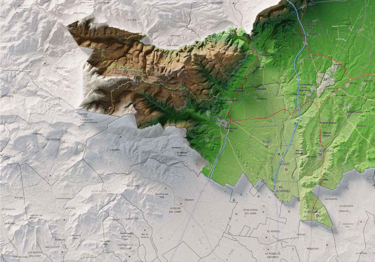 Mapa de relleu de l’Alt Camp, amb el territori en color i l’entorn en blanc. Detall de la part inferior esquerra. 70 × 100 cm. Estil Clàssic.