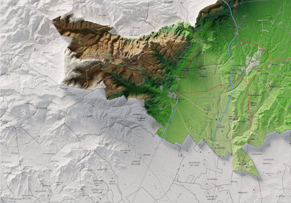 Mapa de relleu de l’Alt Camp, amb el territori en color i l’entorn en blanc. Detall de la part inferior esquerra. 70 × 100 cm. Estil Clàssic.