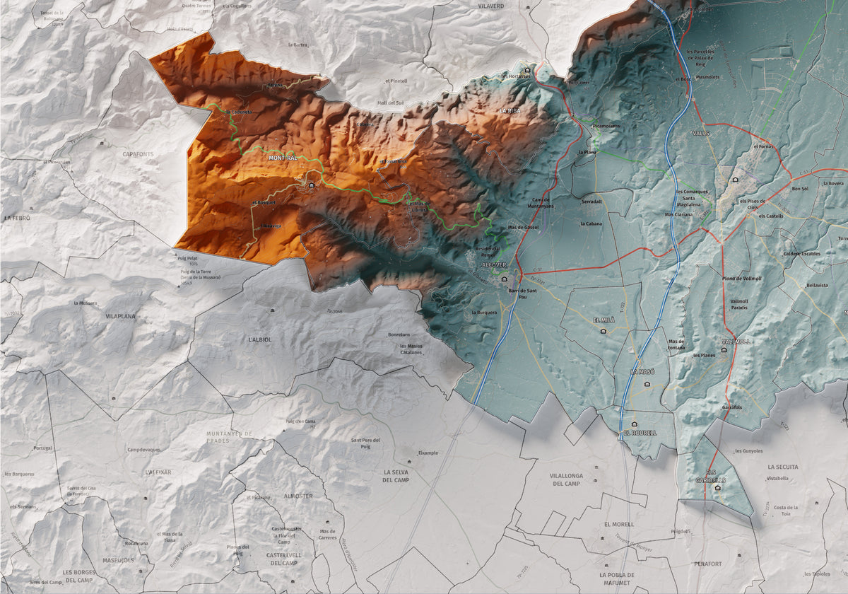 Mapa de relleu de l’Alt Camp, amb el territori en color i l’entorn en blanc. Detall de la part inferior esquerra. 70 × 100 cm. Estil Blau i taronja.