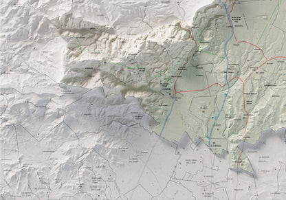 Mapa de relleu de l’Alt Camp, amb el territori en color i l’entorn en blanc. Detall de la part inferior esquerra. 70 × 100 cm. Estil Cartogràfic.