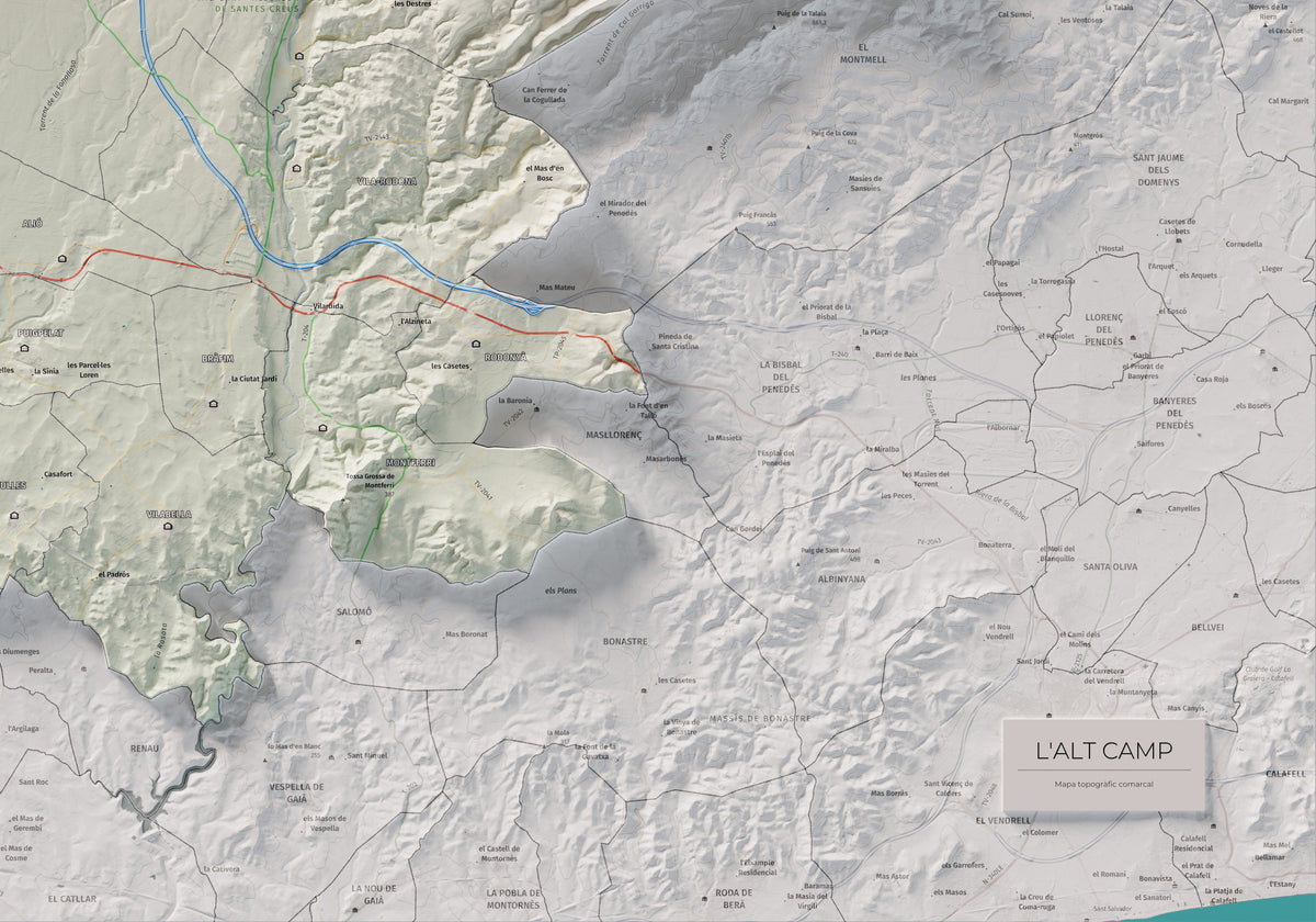 Mapa de relleu de l’Alt Camp, amb el territori en color i l’entorn en blanc. Detall de la part inferior dreta. 70 × 100 cm. Estil Cartogràfic.