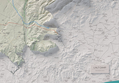 Mapa de relleu de l’Alt Camp, amb el territori en color i l’entorn en blanc. Detall de la part inferior dreta. 70 × 100 cm. Estil Cartogràfic.