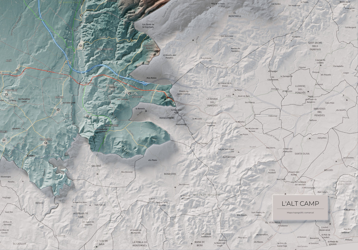 Mapa de relleu de l’Alt Camp, amb el territori en color i l’entorn en blanc. Detall de la part inferior dreta. 70 × 100 cm. Estil Blau i taronja.