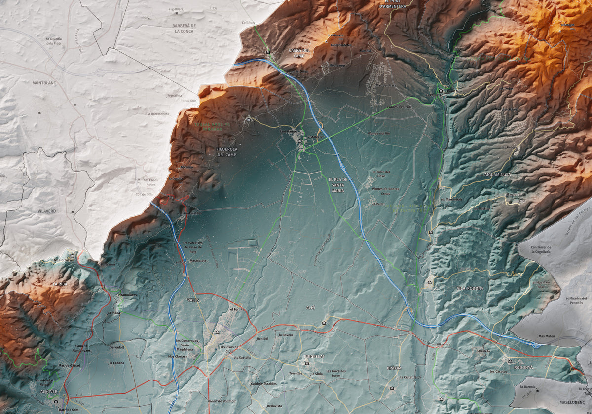 Mapa de relleu de l’Alt Camp, amb el territori en color i l’entorn en blanc. Detall de la part central. 70 × 100 cm. Estil Blau i taronja.