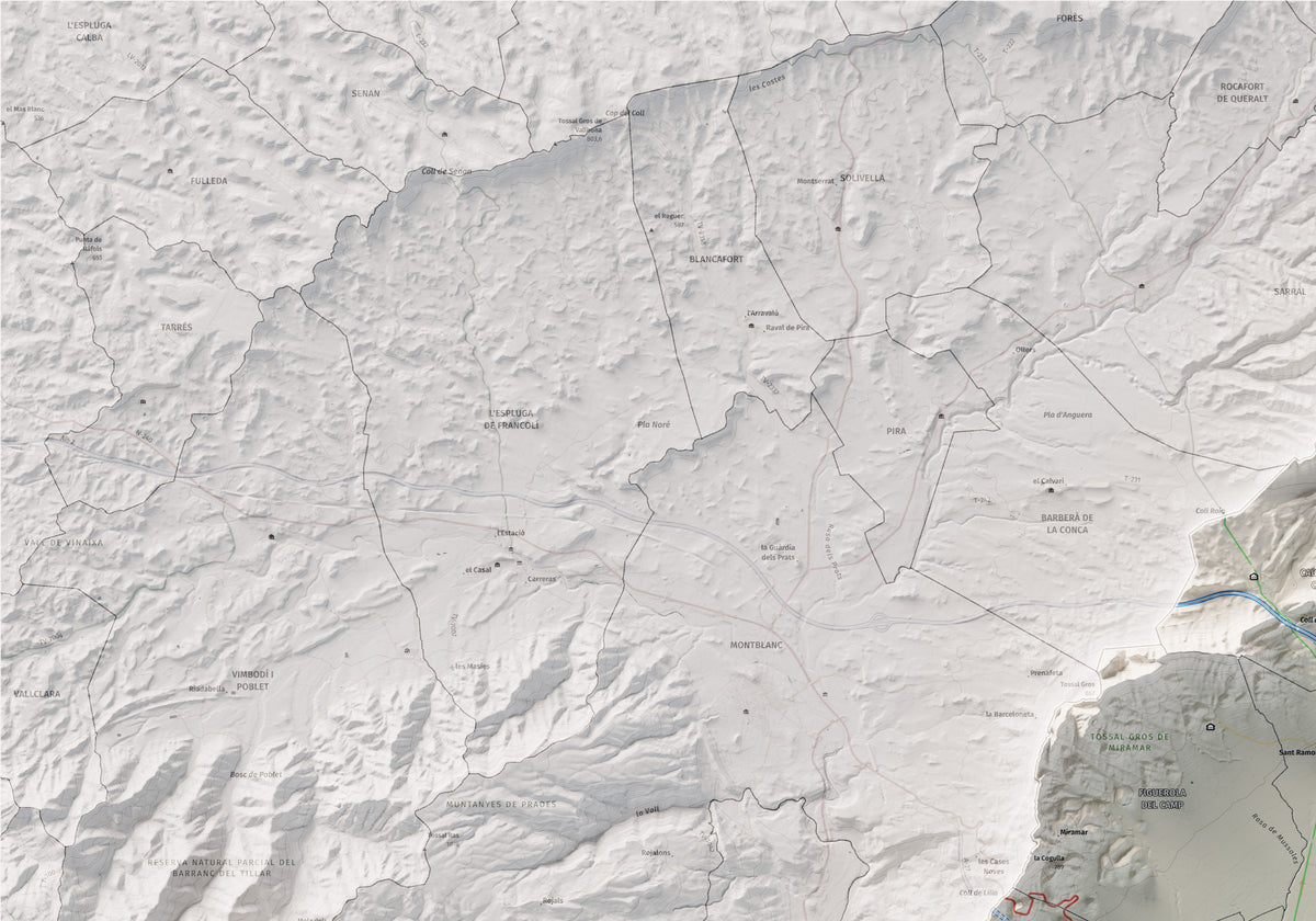 Mapa de relleu de l’Alt Camp, amb el territori en color i l’entorn en blanc. Detall de la part superior esquerra. 70 × 100 cm. Estil Cartogràfic.