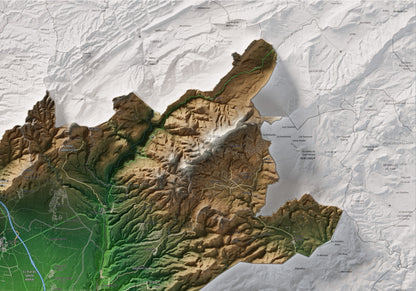 Mapa de relleu de l’Alt Camp, amb el territori en color i l’entorn en blanc. Detall de la part superior dreta. 70 × 100 cm. Estil Clàssic.