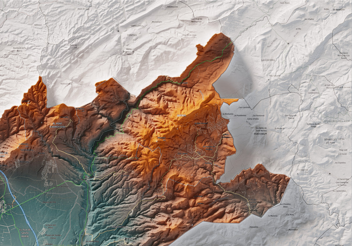 Mapa de relleu de l’Alt Camp, amb el territori en color i l’entorn en blanc. Detall de la part superior dreta. 70 × 100 cm. Estil Blau i taronja.