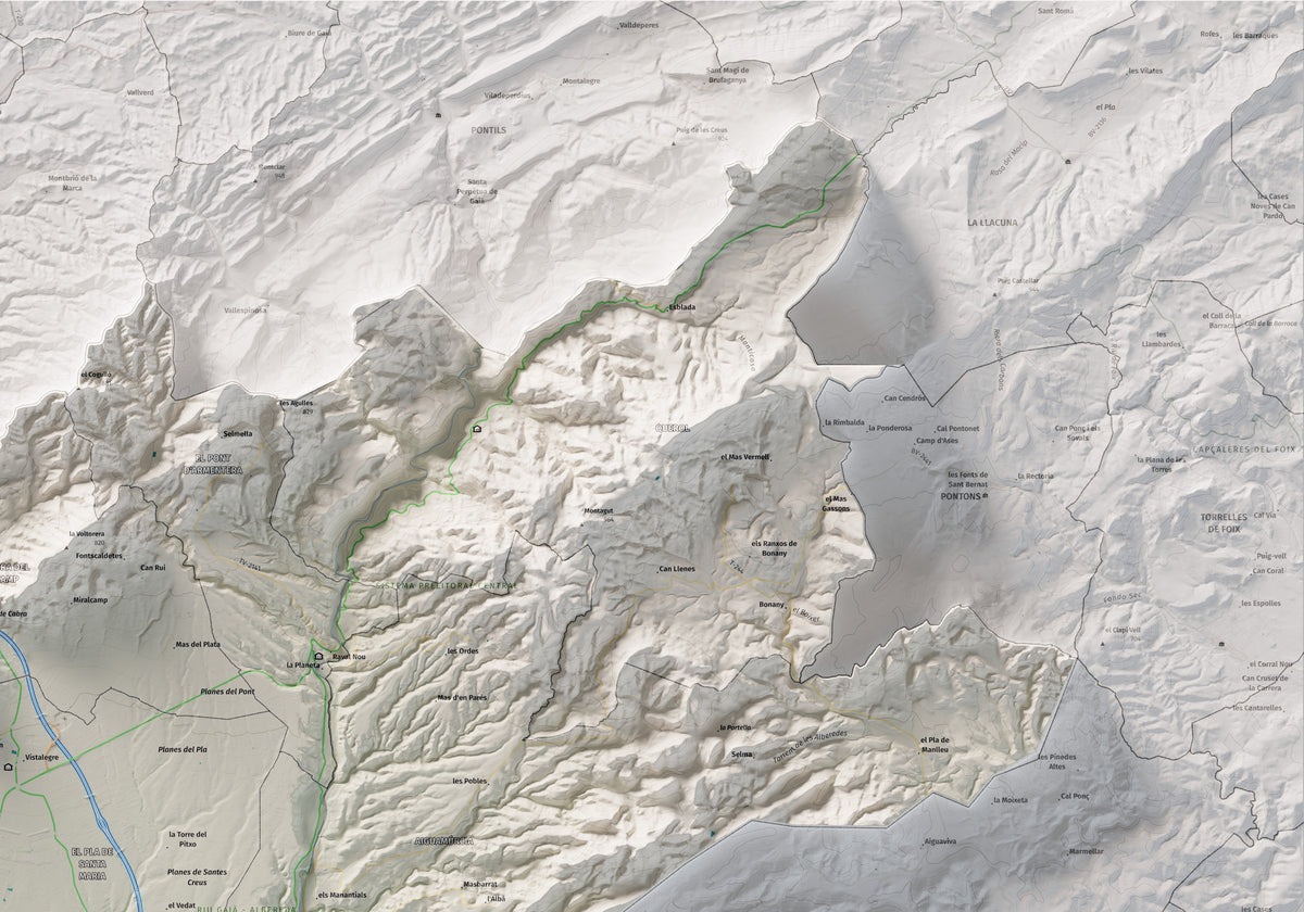 Mapa de relleu de l’Alt Camp, amb el territori en color i l’entorn en blanc. Detall de la part superior dreta. 70 × 100 cm. Estil Cartogràfic.