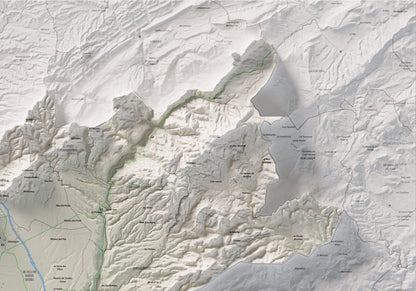 Mapa de relleu de l’Alt Camp, amb el territori en color i l’entorn en blanc. Detall de la part superior dreta. 70 × 100 cm. Estil Cartogràfic.