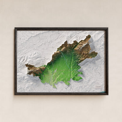 Mapa de relleu de l’Alt Camp, amb el territori en color i l’entorn en blanc. Presentació amb marc. 70 × 100 cm. Estil Clàssic.