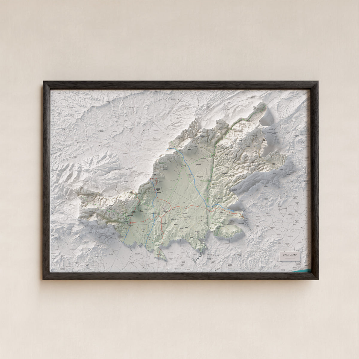 Mapa de relleu de l’Alt Camp, amb el territori en color i l’entorn en blanc. Presentació amb marc. 70 × 100 cm. Estil Cartogràfic.