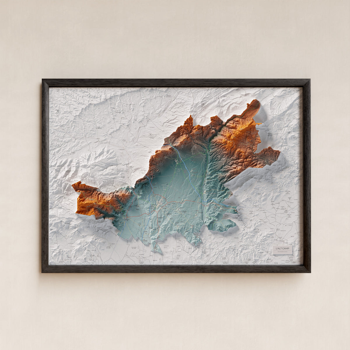 Mapa de relleu de l’Alt Camp, amb el territori en color i l’entorn en blanc. Presentació amb marc. 70 × 100 cm. Estil Blau i taronja.