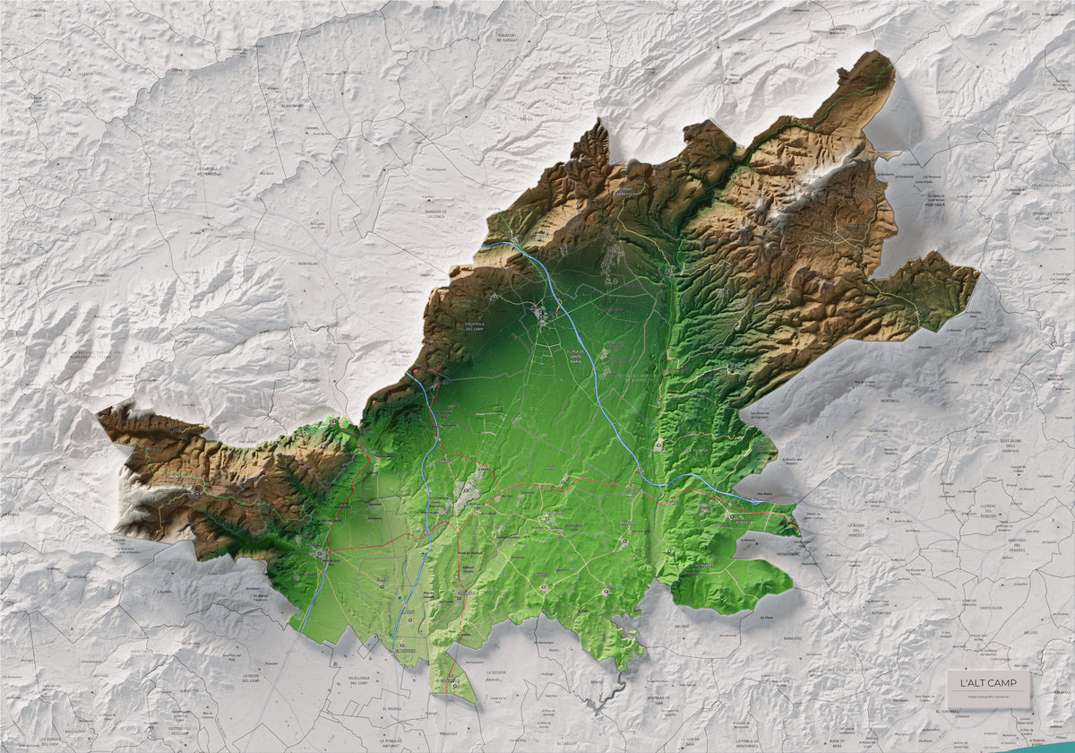 Mapa de relleu de l’Alt Camp, amb el territori en color i l’entorn en blanc. Vista completa de la làmina. 70 × 100 cm. Estil Clàssic.
