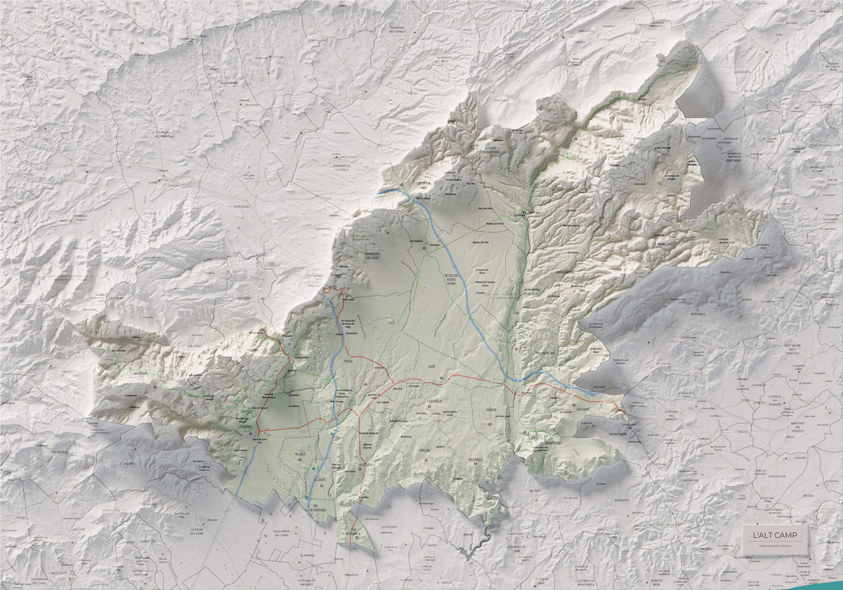 Mapa de relleu de l’Alt Camp, amb el territori en color i l’entorn en blanc. Vista completa de la làmina. 70 × 100 cm. Estil Cartogràfic.