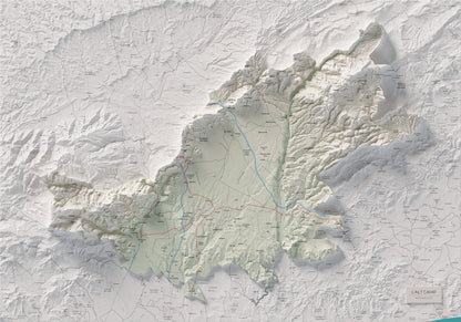 Mapa de relleu de l’Alt Camp, amb el territori en color i l’entorn en blanc. Vista completa de la làmina. 70 × 100 cm. Estil Cartogràfic.