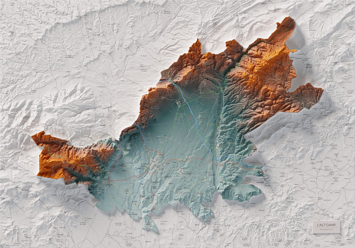 Mapa de relleu de l’Alt Camp, amb el territori en color i l’entorn en blanc. Vista completa de la làmina. 70 × 100 cm. Estil Blau i taronja.