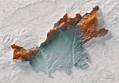 Mapa de relleu de l’Alt Camp, amb el territori en color i l’entorn en blanc. Vista completa de la làmina. 70 × 100 cm. Estil Blau i taronja.