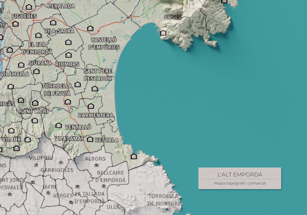 Mapa de relleu de l’Alt Empordà, amb el territori en color i l’entorn en blanc. Detall de la part inferior dreta. 21 × 30 cm. Estil Cartogràfic.