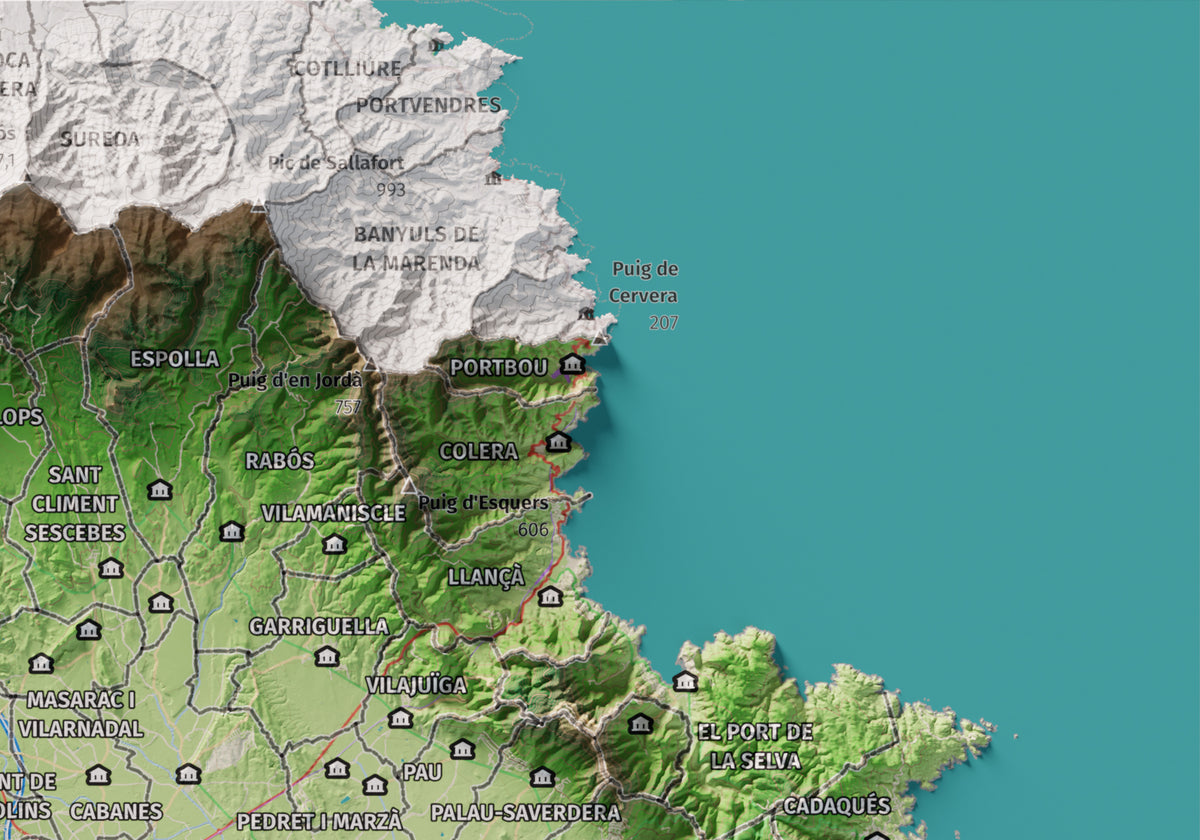 Mapa de relleu de l’Alt Empordà, amb el territori en color i l’entorn en blanc. Detall de la part superior dreta. 21 × 30 cm. Estil Clàssic.