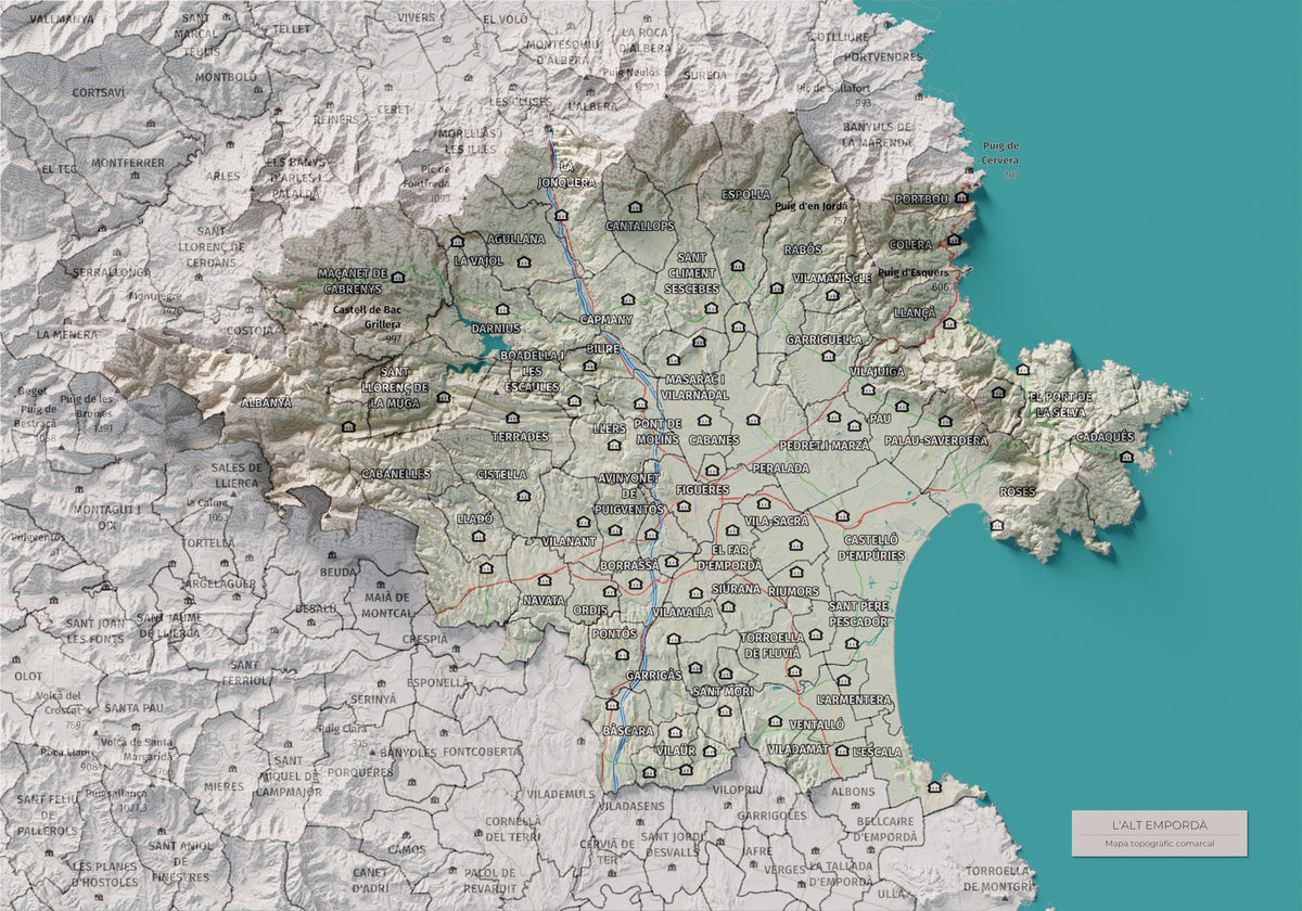Mapa de relleu de l’Alt Empordà, amb el territori en color i l’entorn en blanc. Vista completa de la làmina. 21 × 30 cm. Estil Cartogràfic.