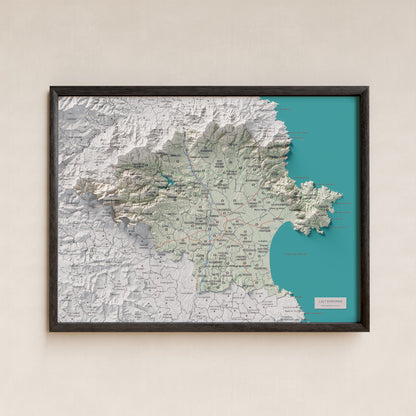 Mapa de relleu de l’Alt Empordà, amb el territori en color i l’entorn en blanc. Presentació amb marc. 30 × 40 cm. Estil Cartogràfic.