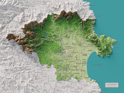 Mapa de relleu de l’Alt Empordà, amb el territori en color i l’entorn en blanc. Vista completa de la làmina. 30 × 40 cm. Estil Clàssic.