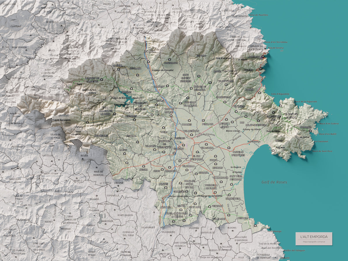 Mapa de relleu de l’Alt Empordà, amb el territori en color i l’entorn en blanc. Vista completa de la làmina. 30 × 40 cm. Estil Cartogràfic.