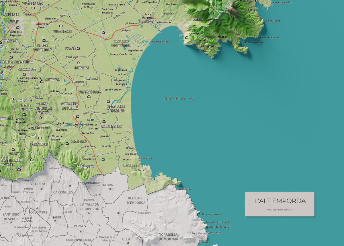 Mapa de relleu de l’Alt Empordà, amb el territori en color i l’entorn en blanc. Detall de la part inferior dreta. 50 × 70 cm. Estil Clàssic.