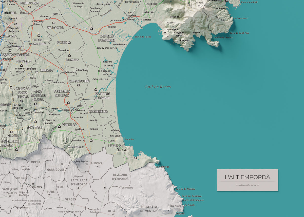 Mapa de relleu de l’Alt Empordà, amb el territori en color i l’entorn en blanc. Detall de la part inferior dreta. 50 × 70 cm. Estil Cartogràfic.